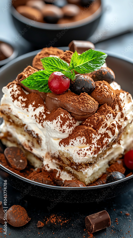 Indulge in decadence a deliciously layered tiramisu with rich chocolate and fresh berries Indulge in decadence a deliciously layered tiramisu with rich chocolate and fresh berries