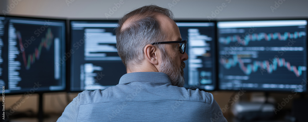 Fototapeta premium Stock market trader is analyzing charts on multiple screens in his office