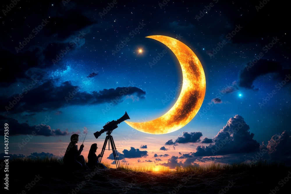 Fototapeta premium Astronomers observing the night sky, using telescopes and writing down observations of celestial bodies