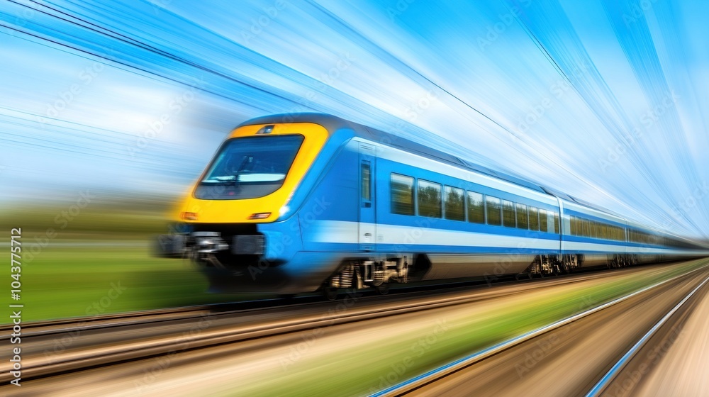Naklejka premium A high-speed train moving swiftly along the tracks under a bright blue sky.