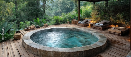 A stone hot tub sits on a wooden deck surrounded by lush greenery and lounge chairs.