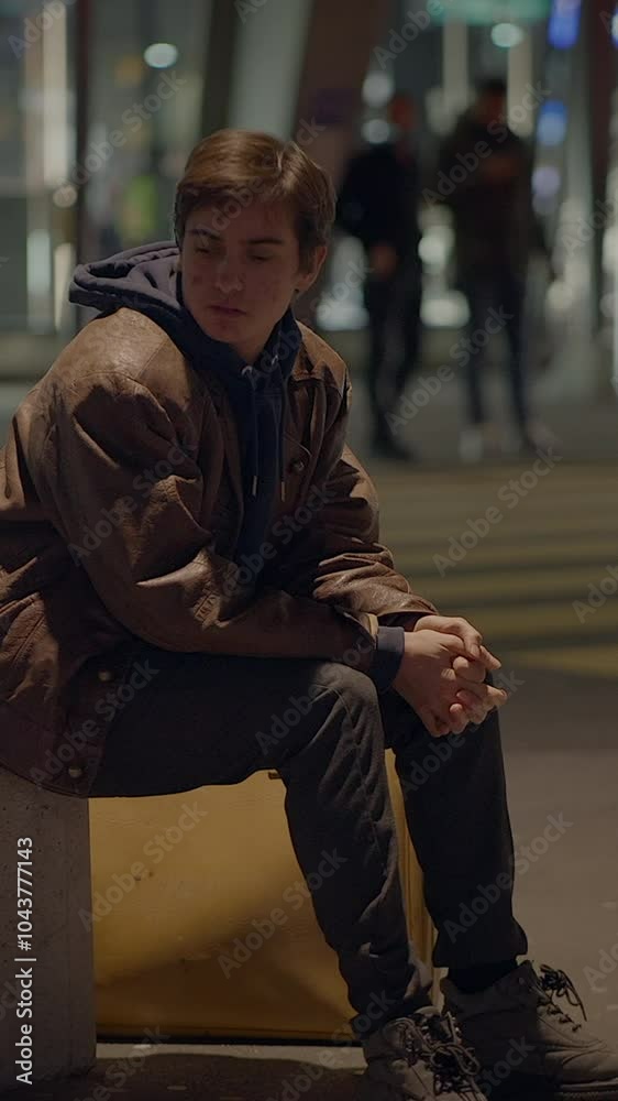 Uncertain Young Male Person With Acne Pimples on Face Watching People Commuting Uncertain Young Male Person With Acne Pimples on Face Watching People Commuting