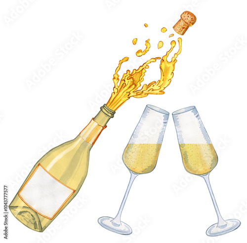 Champagne bottle opening with popping cork and glasses watercolor illustration. Hand drawn set image of festive sparkling wine on isolated background. Clipart for menu and bar.