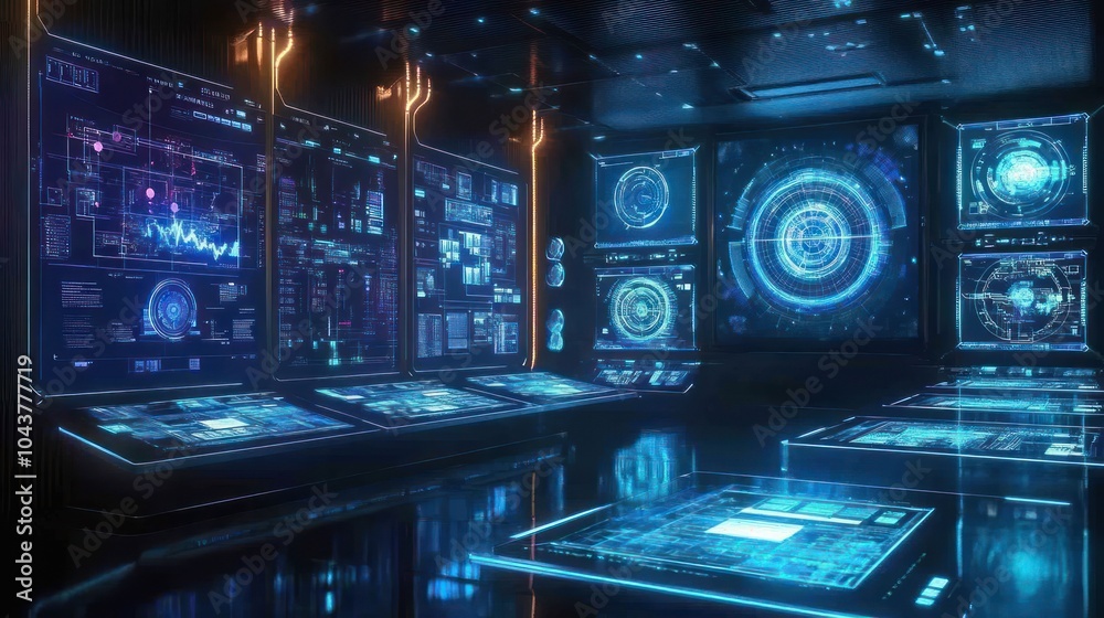 Futuristic control room with holographic displays and advanced technology interfaces. Futuristic control room with holographic displays and advanced technology interfaces.