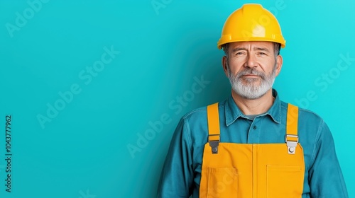 Experienced construction worker in yellow hard hat and overalls against blue background