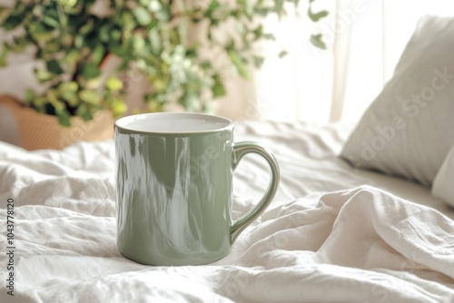 Scandinavian Green Ceramic Mug Mockup on White Bed with Nordic Pillow and Wooden Background