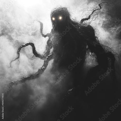 monstrous entity with glaring eyes looms from the mist, its many arms weaving through the smoke photo