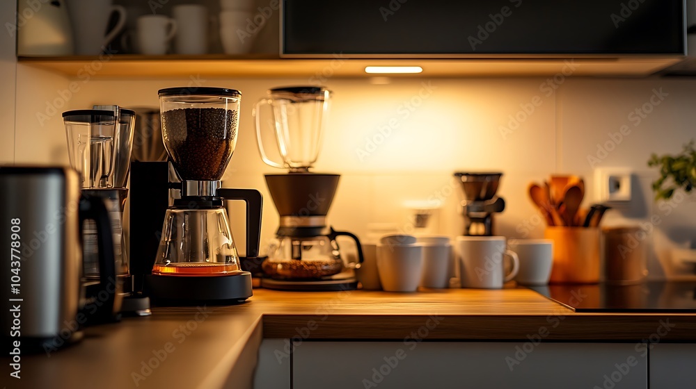 Modern Black Coffee Machine in a Stylish Kitchen with Cup - Sleek Home Appliance Closeup Modern Black Coffee Machine in a Stylish Kitchen with Cup - Sleek Home Appliance Closeup