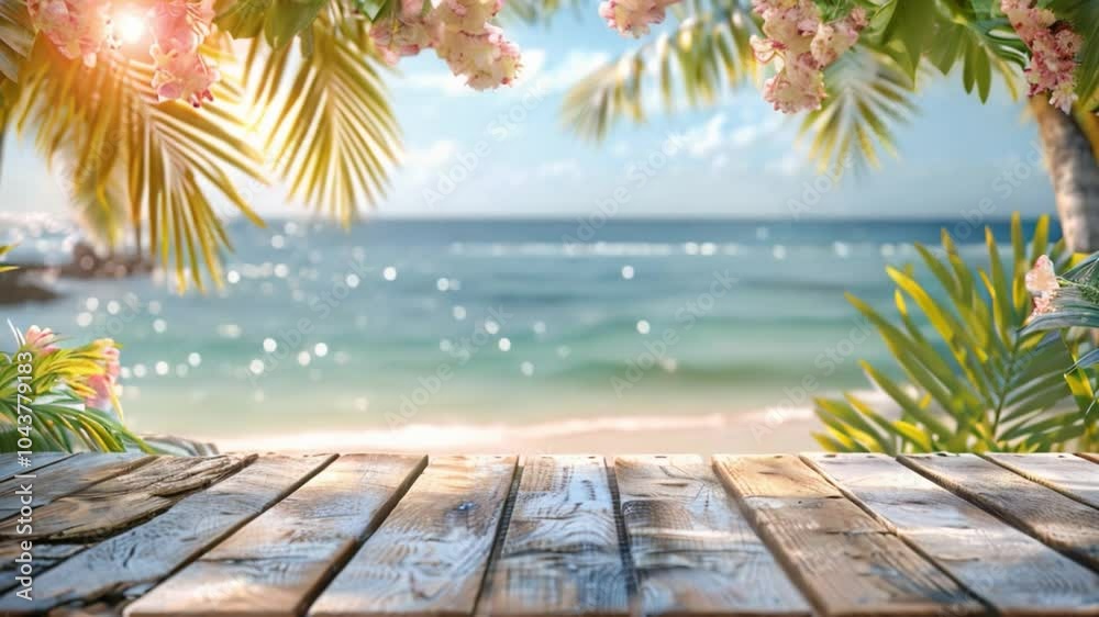 A wooden table sits on a sandy beach surrounded by tall palm trees under a clear blue sky. A wooden table sits on a sandy beach surrounded by tall palm trees under a clear blue sky.