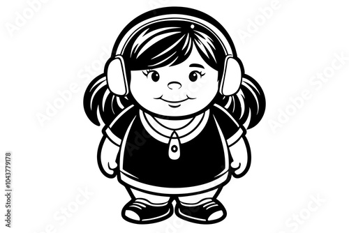  a chubby little girl listening to music with headphones isolated on a white background