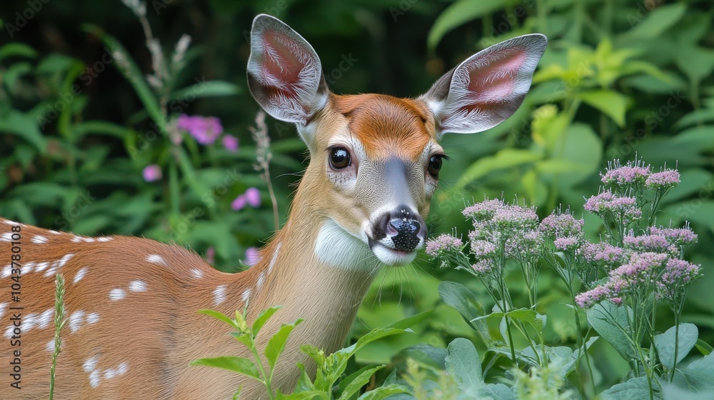 Deer In Garden. White-Tailed Cervid Close-Up Eating Plants in Graceful Garden Setting Deer In Garden. White-Tailed Cervid Close-Up Eating Plants in Graceful Garden Setting