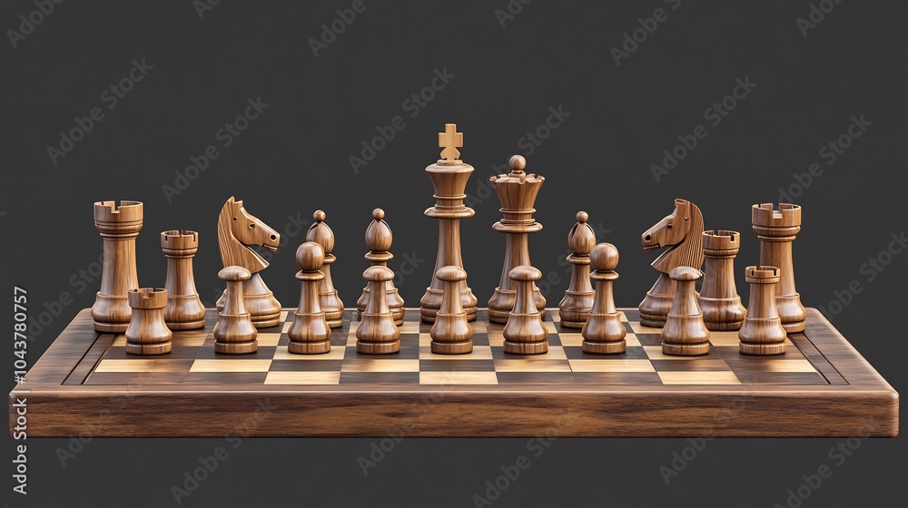 Chessboard with Wooden Pieces on a Gray Background Chessboard with Wooden Pieces on a Gray Background