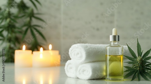 A wellness setting featuring towels, oil, candles, and cannabis leaves.