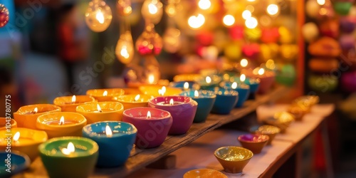 Colorful clay diyas on market stall surrounded by festive lights and ornaments in soft focus, Indian festival, banner