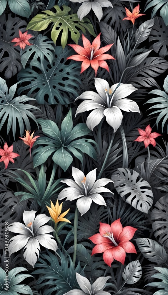 Tropical exotic pattern with animal and flowers in bright colors and lush vegetation Tropical exotic pattern with animal and flowers in bright colors and lush vegetation