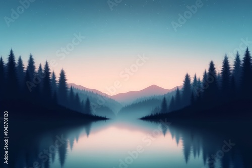 Serene landscape with mountains and pine trees reflected in calm water.