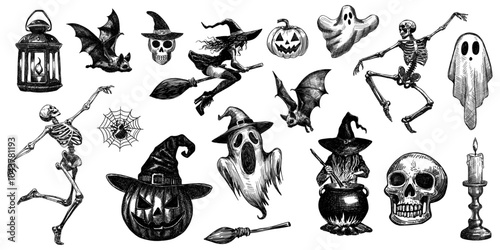 halloween set skeletons bats witch flying on broomstick stirring cauldron jack-o'-lantern pumpkin ghosts skulls spider web candle isolated hand drawn sketch various spooky elements collection photo