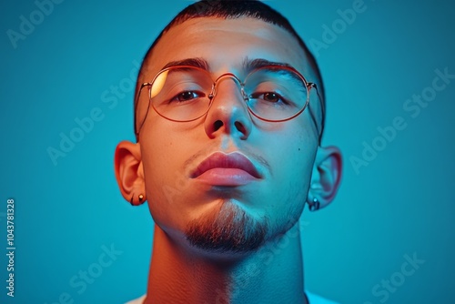 Close up portrait of young man with round glasses and a neutral expression set against a cool blue background blending modern simplicity with understated elegance in a bold minimalist composition