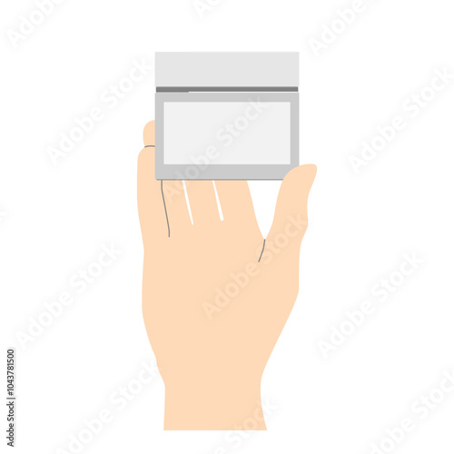 Cosmetology care, jar with material in hand, front view, vector isolated on white background.