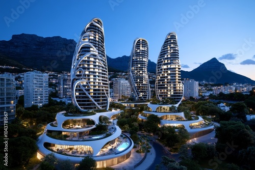 Futuristic Cape Town skyline with Table Mountain in the background, blending modern skyscrapers with advanced technology and nature