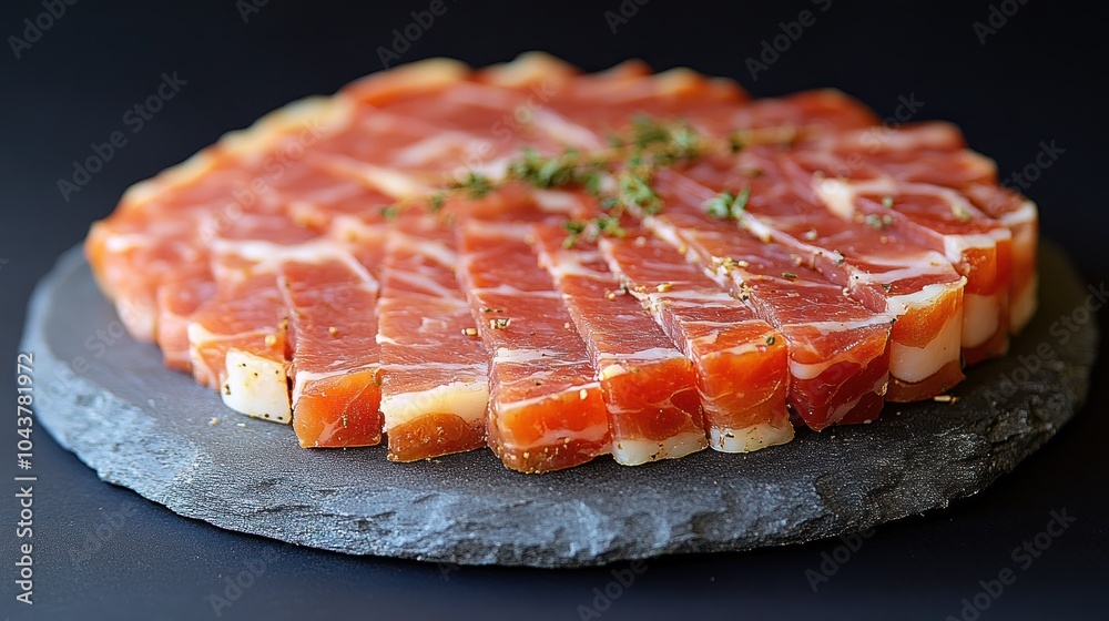Thinly sliced cured meat arranged on a black slate plate with a sprig of thyme. Thinly sliced cured meat arranged on a black slate plate with a sprig of thyme.