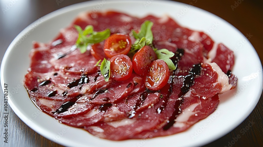 Thinly sliced cured meat with cherry tomatoes and balsamic glaze on a white plate. Thinly sliced cured meat with cherry tomatoes and balsamic glaze on a white plate.