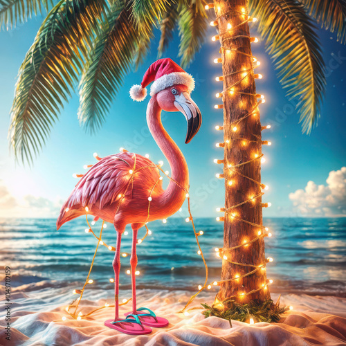 A festive flamingo wearing a Santa hat and flip-flops stands on a sandy beach beside a palm tree wrapped in glowing lights photo