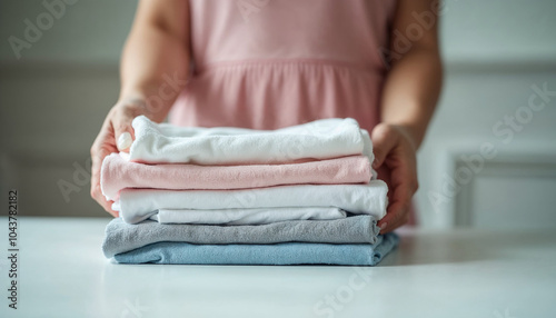 Feel softness, chore of asian young woman, girl hand holding pile clothing from table, stack folding clean clothes after washing, laundry and dry. Household working at home. Laundry of maid concept.