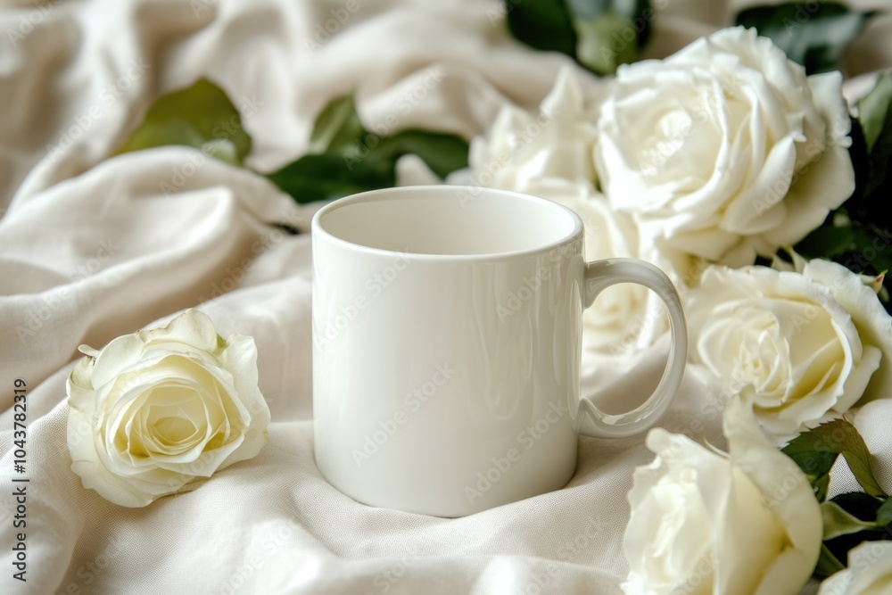 Minimalist Coffee Cup Mockup with White Roses on Elegant Background Minimalist Coffee Cup Mockup with White Roses on Elegant Background