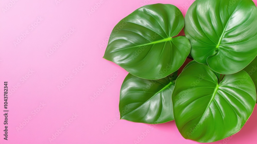 Vibrant green monstera leaves on bold pink background: nature meets modern aesthetics Vibrant green monstera leaves on bold pink background: nature meets modern aesthetics