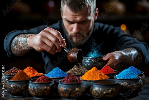 Gothic chef preparing spices in an ancient kitchen, with dark stone walls and intricate, old-fashioned spice jars photo