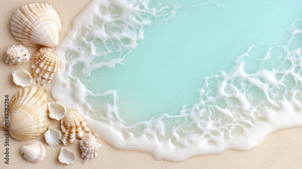 Serene beach scene with seashells and gentle ocean waves