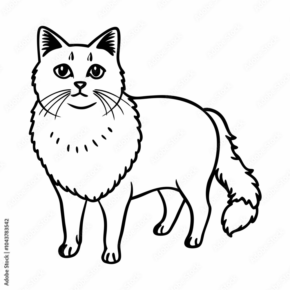 Obraz premium Outline Vector Illustration of a Long Haired Cat with Fluffy Tail