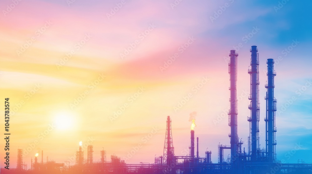 Obraz premium Industrial refinery silhouetted against a vibrant sunset sky, AI