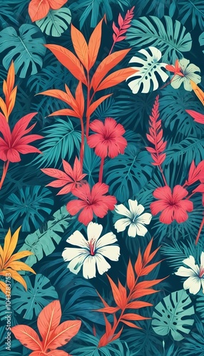 Tropical exotic pattern with animal and flowers in bright colors and lush vegetation