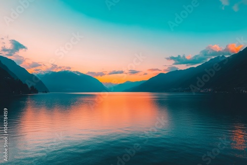 Serene sunset over a tranquil lake surrounded by mountains.