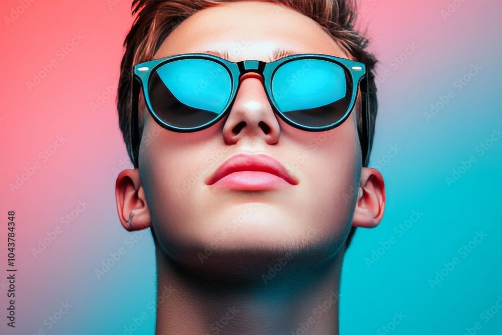 Close up of a young man wearing reflective blue sunglasses against a bold blue background showcasing a minimalist yet trendy fashion forward look with sharp contrasts Close up of a young man wearing reflective blue sunglasses against a bold blue background showcasing a minimalist yet trendy fashion forward look with sharp contrasts