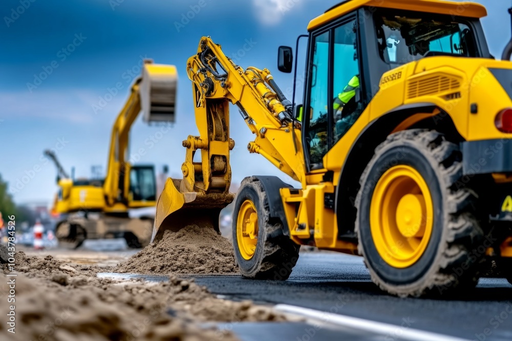 Huge industrial excavators and cranes at a construction site, with heavy machinery moving earth and building materials Huge industrial excavators and cranes at a construction site, with heavy machinery moving earth and building materials