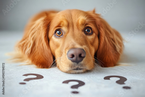 cute and confused golden retriever dog with question mark
