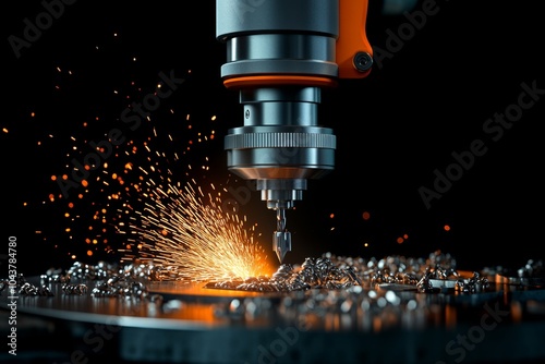 Hyper-realistic close-up of a CNC machine cutting metal, with detailed textures of the metal shavings and the precision tool at work