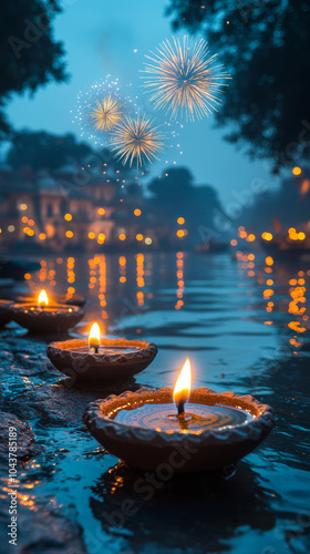 glowing oil lamps and fireworks in the sky at night corner of the lake