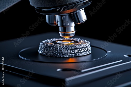 Hyper-realistic image of a microscope examining cells, with detailed textures and reflections showing the precision of empirical study photo