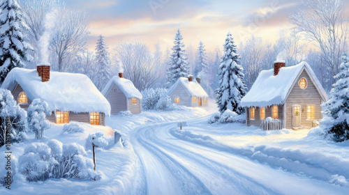 Snow-covered cottages glow warmly in a serene winter wonderland, AI