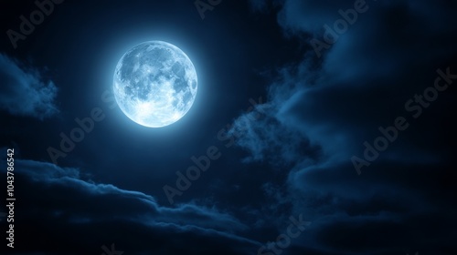 A luminous full moon glowing brightly in a deep blue night sky, with scattered clouds creating a serene, mystical atmosphere..