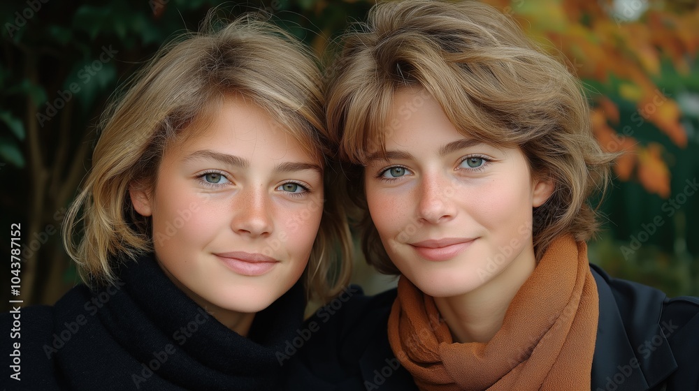 Outdoor portrait of two smiling women with short hairstyles and autumn background Outdoor portrait of two smiling women with short hairstyles and autumn background