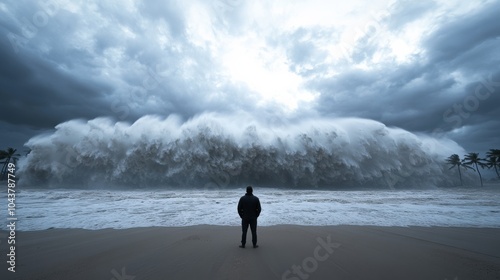 A lone figure stands before a towering tsunami wave rushing towards a beach, symbolizing nature's overwhelming power and the impending disaster.. photo