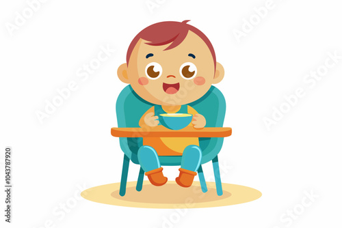 Baby eating food chair isolated. Cute baby eating food chair makes baby learning to eat