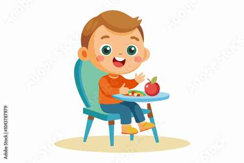 Baby eating food chair isolated. Cute baby eating food chair makes baby learning to eat