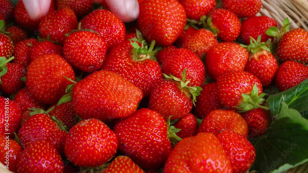 Close-up of a woman picking ripe strawberries and placing them in a basket Close-up of a woman picking ripe strawberries and placing them in a basket