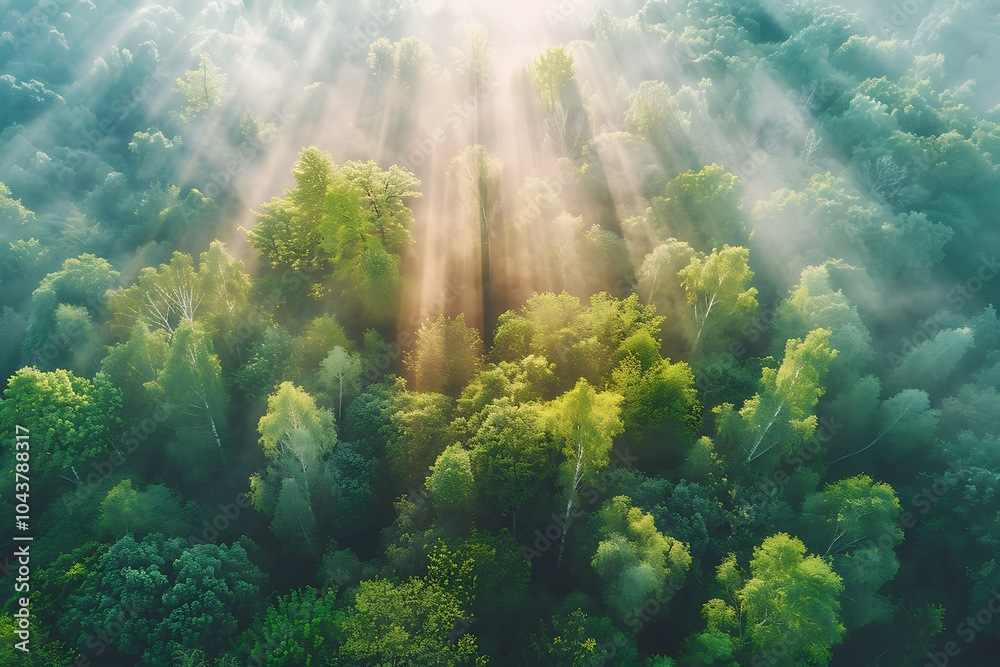 Aerial view of the misty sunrise in the forest, with sun rays breaking through the clouds and mountains in the background, creating a fantasy landscape. Ai generative Aerial view of the misty sunrise in the forest, with sun rays breaking through the clouds and mountains in the background, creating a fantasy landscape. Ai generative